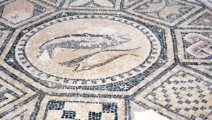 A portion of the mosaic, dated to about the year 230, on view in the exhibit "The Megiddo Mosaic: Foundations of Faith" at the Museum of the Bible in Washington, DC, on Sept. 15, 2024. Photo by Menachem Wecker.