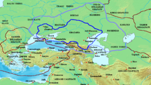 Map of the Khazar Khaganate and surrounding states, c. 820 CE. Area of direct Khazar control shown in dark blue, sphere of influence in purple. Other boundaries shown in dark red. Image: Wikimedia Commons