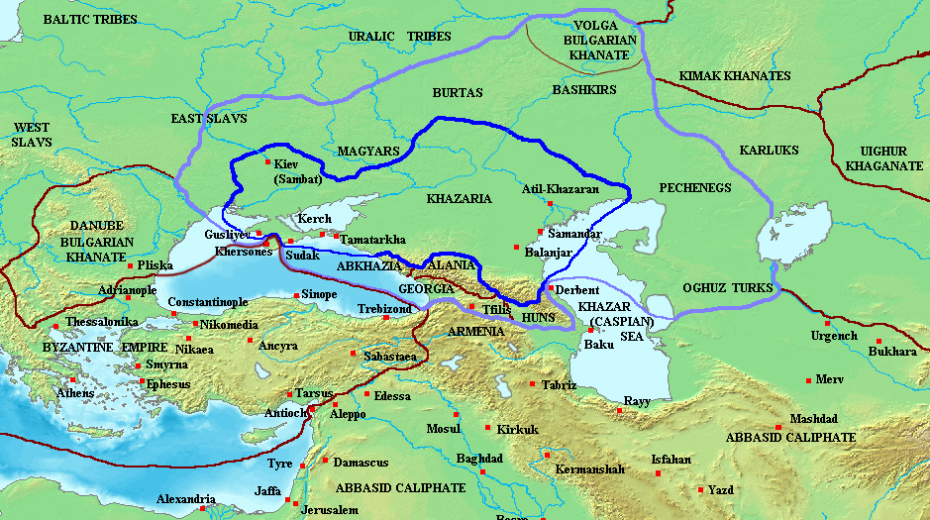 Map of the Khazar Khaganate and surrounding states, c. 820 CE. Area of direct Khazar control shown in dark blue, sphere of influence in purple. Other boundaries shown in dark red. Image: Wikimedia Commons