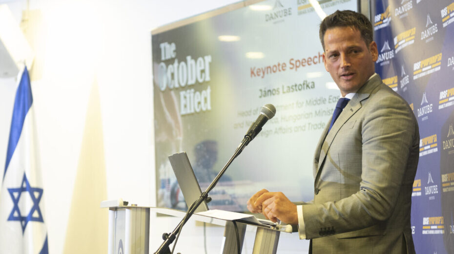 János Lastofka, head of the Hungarian Foreign Ministry’s Middle East Department, speaks at The October Effect conference at the Menachem Begin Heritage Center in Jerusalem on Sept. 9, 2024. Photo by Canaan Lidor.
