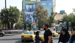 A poster with an anti-Israel slogan in Persian and Hebrew, "Israel is no longer a safe place" and "the next time there is an attack, you must all flee", in Palestine Square in Tehran, Iran, October 16, 2024. Photo: EPA-EFE/ABEDIN TAHERKENAREH