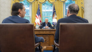 President Joe Biden participates in a call with G7 leaders about the situation in the Middle East, Oct. 2, 2024, in the Oval Office. Credit: Adam Schultz/White House.