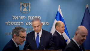 Israeli Prime Minister Benjamin Netanyahu holds a press conference with Chancellor of Germany Olaf Scholz in Jerusalem on February 17, 2024. Photo by Olivier Fitoussi/POOL