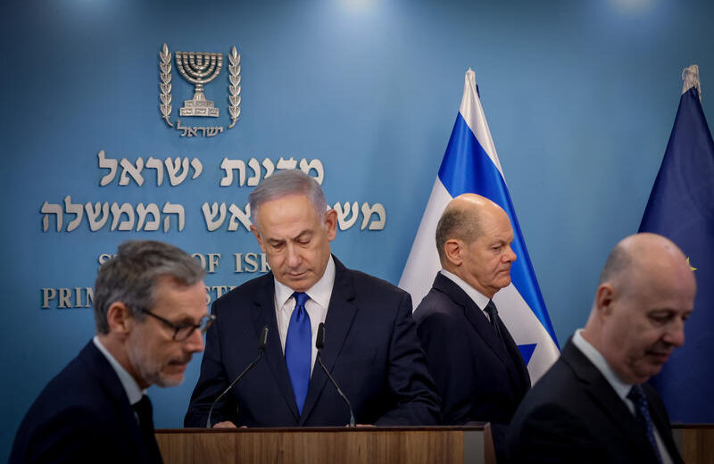 Israeli Prime Minister Benjamin Netanyahu holds a press conference with Chancellor of Germany Olaf Scholz in Jerusalem on February 17, 2024. Photo by Olivier Fitoussi/POOL