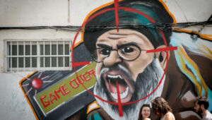 Graffiti depicting Hezbollah leader Hassan Nasrallah, in Tel Aviv, two days after Israel's assassination of the terror chief in Beirut. September 29, 2024. Photo by Miriam Alster/Flash90