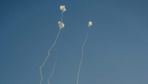 An anti-missile system fires interception missiles as rockets fired from Lebanon, near the Israeli border with Lebanon, Oct. 12, 2024. Photo by Ayal Margolin/Flash90.