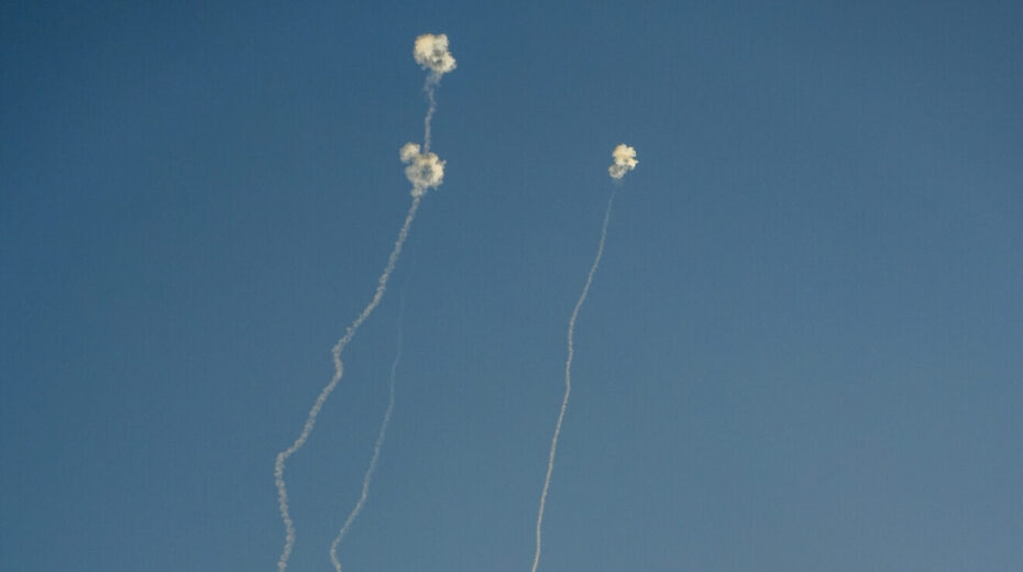 An anti-missile system fires interception missiles as rockets fired from Lebanon, near the Israeli border with Lebanon, Oct. 12, 2024. Photo by Ayal Margolin/Flash90.