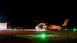A military helicopter is seen after evacuating wounded men from the drone attack, at the Rambam hospital, in the northern Israeli city of Haifa, Oct. 13, 2024. Photo by Flash90.