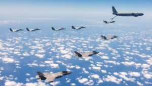 The Israeli Air Force practicing aerial refueling of fighter jets in Israeli airspace. The exercise simulated long-range flight deep behind enemy lines, Aug. 18, 2024. Credit: IDF.