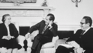 US President Richard Nixon, Israeli Prime Minister Golda Meir and National Security Advisor Henry Kissinger in the Oval Office of the White House in Washington, DC, on March 1, 1973. Credit: Oliver F. Atkins Photo via Wikimedia Commons.
