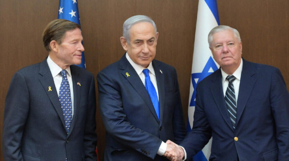 Israeli Prime Minister Benjamin Netanyahu flanked by Democratic Senator Richard Blumenthal (left) and Republican Senator Lindsey Graham, Jerusalem, Oct. 7, 2024. Credit: GPO/Amos Ben Gershom.