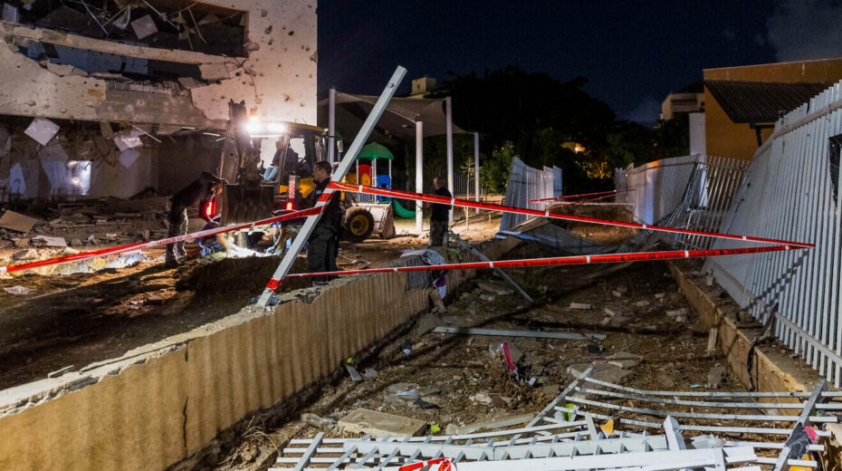 The site where a missile fired from Iran hit a school in the town of Gedera in central Israel, Oct. 1, 2024. Photo by Liron Moldovan/Flash90.
