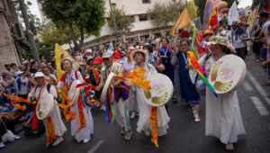 Thousands of Evangelical Christian parade in downtown Jerusalem, marking Sukkot, aka the Feast of the Tabernacles, on Oct. 4, 2023. Photo by Chaim Goldberg/Flash90.
