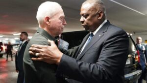 Defense Minister Yoav Gallant (left) meets with U.S. Secretary of Defense Lloyd Austin in Israel on Oct. 13, 2023. Photo by Ariel Hermoni/Israeli Ministry of Defense.