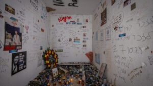 A public bomb shelter where Israelis were murdered at the Oct. 7 massacre one year ago, on a road near the Israeli-Gaza border in southern Israel, Sept. 19, 2024. Photo by Chaim Goldberg/Flash90.