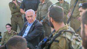 Israeli Prime Minister Benjamin Netanyahu during a visit to the IDF Golani Training Base in northern Israel on Oct. 14, 2024, a day after a Hezbollah drone attack killed four soldiers and wounded dozens more. Photo by Koby Gideon/GPO.