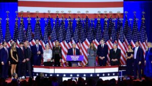 US President-elect Donald J. Trump speaks to his supporters at the election party in West Palm Beach, Florida, USA, 6 November 2024. EPA-EFE/CRISTOBAL HERRERA-ULASHKEVICH