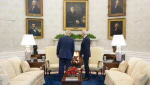 President Joe Biden speaks with President-elect Donald Trump, Nov. 13, 2024, in the Oval Office of the White House. Credit: Adam Schultz/White House.