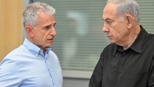 Prime Minister Benjamin Netanyahu talks with Mossad Director David Barnea at the Kirya military headquarters in Tel Aviv, Oct. 15, 2023. Photo by Kobi Gideon/GPO.