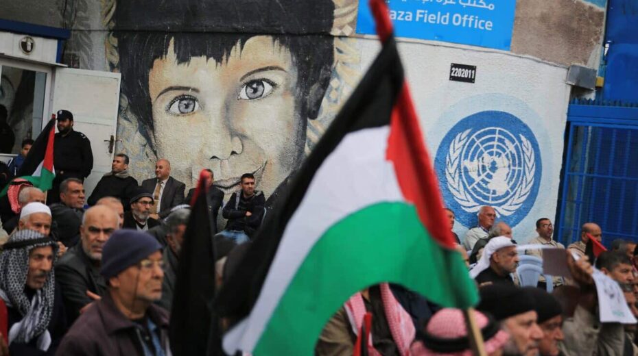 Palestinian supporters of Hamas protest against the U.S. Middle East peace plan front of the main headquarters the United Nations Relief and Works Agency (UNRWA) in Gaza City on Feb. 20, 2020. Photo by Ali Ahmed/ Flash90.