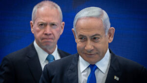Israeli Prime Minister Benjamin Netanyahu and then-minister of defense Yoav Gallant attend celebrations for Israel's 75th Independence Day at the President's Residence in Jerusalem, April 26, 2023. Photo by Yonatan Sindel/Flash90.