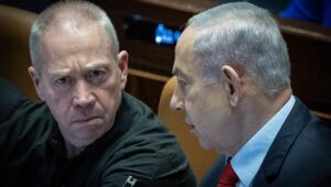 Israeli Prime Minister Benjamin Netanyahu and former defense minister Yoav Gallant at the Knesset, the Israeli parliament, in Jerusalem, March 13, 2024. Photo by Yonatan Sindel/Flash90.