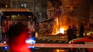 The scene where a missile fired from Lebanon caused damage in the central Israeli city of Ramat Gan, November 18, 2024. Photo by Erik Marmor/Flash90
