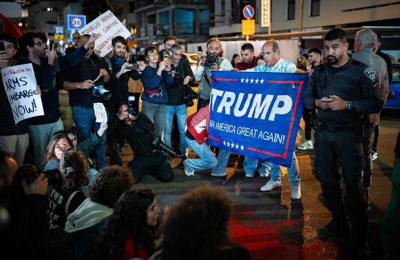 Israeli supporters of US President-elect Donald Trump confront left-wing activists calling for and end to the war in Gaza and Lebanon, outside the US Embassy in Tel Aviv, November 20, 2024. Photo by Erik Marmor/Flash90