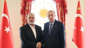 Hamas leader Ismail Haniyeh (left) and Turkey's President Recep Tayyip Erdoğan meet in Istanbul, April 20, 2024. Source: Turkish Presidency/X.