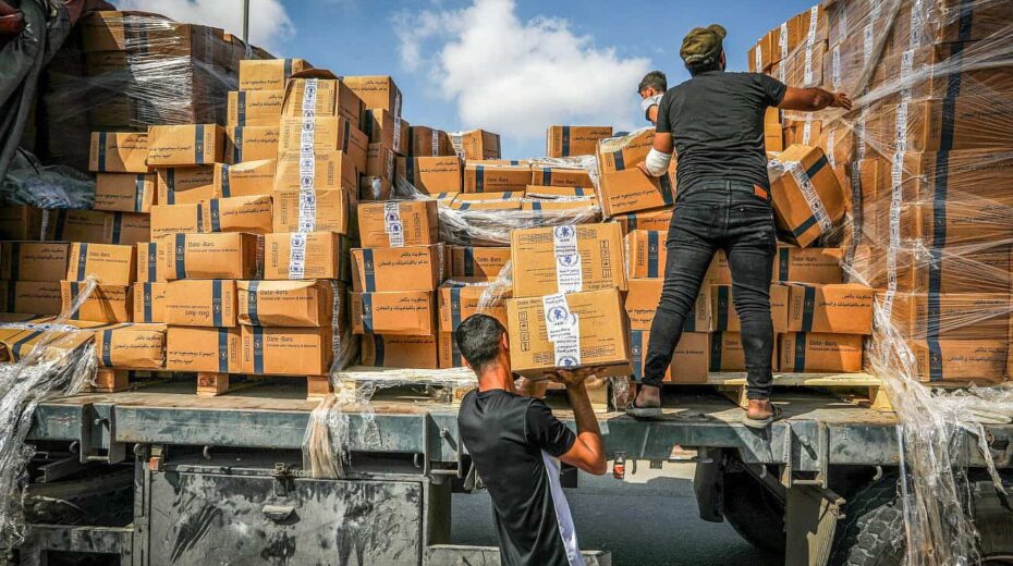 Trucks with humanitarian aid arrive at the Palestinian side of the Rafah border crossing with Egypt, in the southern Gaza Strip, on Nov. 2, 2023. Photo by Abed Rahim Khatib/Flash90.