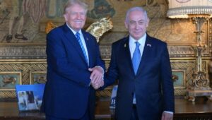 Former President Donald Trump, also the 2024 Republican presidential candidate, meets with Israeli Prime Minister Benjamin at Trump's Mar-a-Lago estate in Palm Beach, Fla., on July 26, 2024. Photo by Amos Ben-Gershom/GPO.