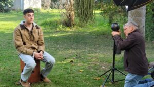Released hostage Ofir Engel being filmed at Kibbutz Be'eri for the Survived to Tell-Be the Witness VR project, January 2024. Credit: Survived to Tell-Be the Witness.
