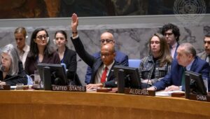 Robert Wood, deputy permanent US representative to the United Nations, votes against a UN Security Council resolution on the Middle East, Nov. 20, 2024. Credit: Loey Felipe/UN Photo.