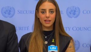 Mia Shem speaks at a press conference outside the UN Security Council in New York on Nov. 6, 2024. Photo courtesy of Israeli Ambassador to the UN Danny Danon.