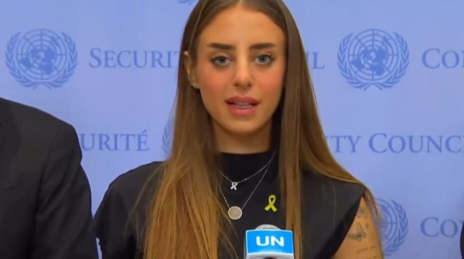 Mia Shem speaks at a press conference outside the UN Security Council in New York on Nov. 6, 2024. Photo courtesy of Israeli Ambassador to the UN Danny Danon.
