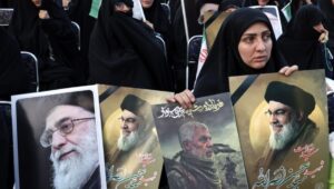 Pictures of Iranian Supreme Leader Ayatollah Ali Khamenei (L), slain Hezbollah leader Hassan Nasrallah (2-L; R) and slain Hamas leader Yahya Sinwar (2-R) during an anti-Israel rally at Palestine Square in Tehran, Iran, October 24, 2024. Photo: EPA-EFE/ABEDIN TAHERKENAREH