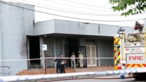 Fire crews work at the scene of a fire at the Adass Israel Synagogue in Ripponlea, Melbourne, Australia, 06 December 2024. The fire, which engulfed the synagogue in the morning hours on 06 December, is being treated as deliberate. EPA-EFE/CON CHRONIS