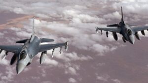 Two US Air Force F-16 Fighting Falcons patrol the US Central Command area of responsibility. Credit: Courtesy.