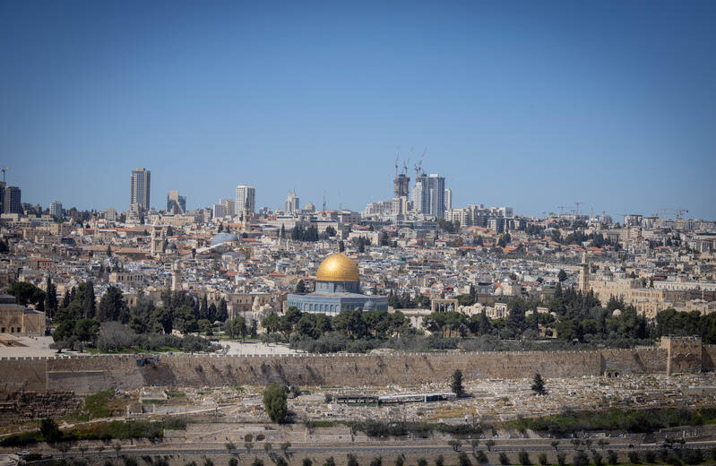 View of the Dome of the Rock and the Temple Mount in Jerusalem's Old City, as it seen from the Mount of Olives observatory, on March 12, 2024. Photo by Chaim Goldberg/Flash90