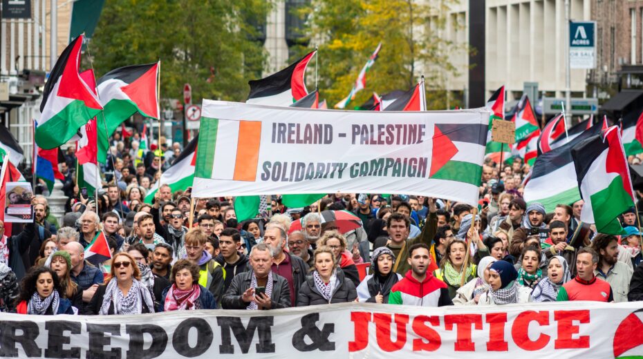 Dublin, Ireland - October 5, 2024: Thousands demonstrate with banners on Dublin's streets during a national march by the Ireland Palestine Solidarity Campaign (IPSC).
