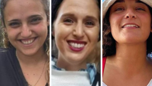 Israeli hostages Romi Gonen, Doron Steinbrecher and Emily Damari. Credit: Hostages and Missing Families Forum.