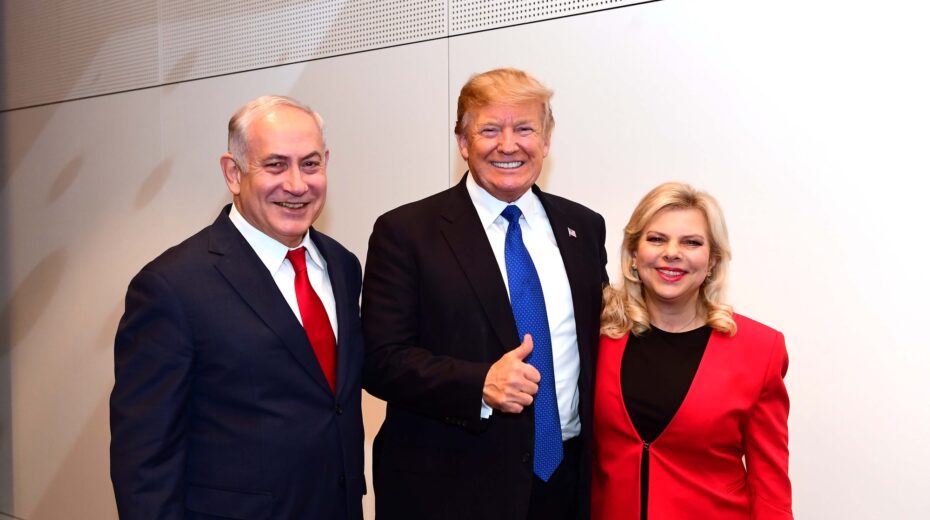 Prime Minister Benjamin Netanyahu, his wife Sara Netanyahu and US President Donald Trump at the annual meeting of the World Economic Forum in Davos, Switzerland, in 2018. Photo by Amos Ben Gershom/GPO