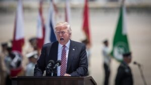 US President Donald Trump speaks during his welcome ceremony at Ben Gurion Airport near Tel Aviv on May 22, 2017, for his first official visit to Israel as president of the United States. Photo by Hadas Parush/Flash90