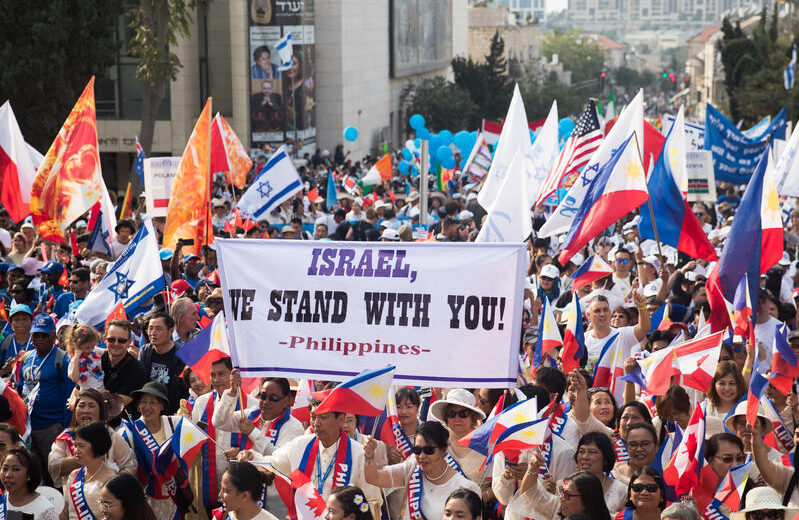 Christians march though Jerusalem in support of Israel during Sukkot in 2019. Photo by Yonatan Sindel/Flash90