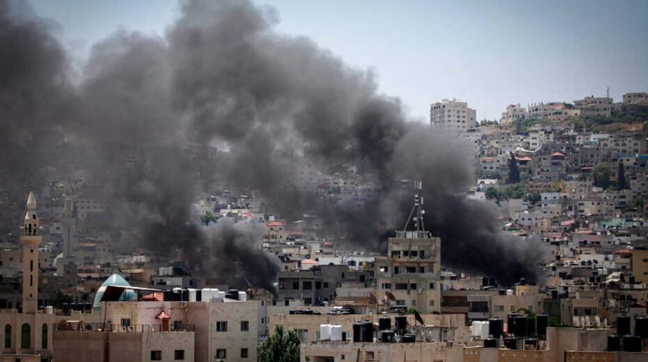 Smoke rises as Israel conducts an aerial and ground offensive in Jenin, Samaria, on July 3, 2023. Photo by Nasser Ishtayeh/Flash90.