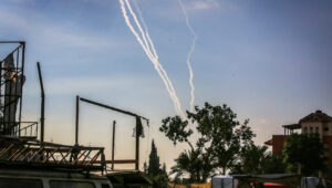 Smoke trails are seen after rocket fire from the Gaza Strip towards Israel, on Sept. 26, 2024. Photo by Abed Rahim Khatib/Flash90.