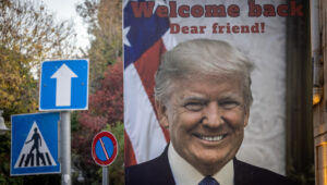 A sign congratulating US President Donald Trump for his victory in the US presidential elections, in Jerusalem, December 5, 2024. Photo by Chaim Goldberg/Flash90