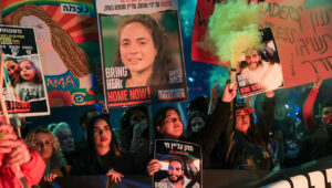 Demonstrators protest against the Israeli government and for the release of Israelis held hostage in the Gaza Strip outside Hakirya Base in Tel Aviv, Jan. 11, 2025. Photo by Itai Ron/Flash90.