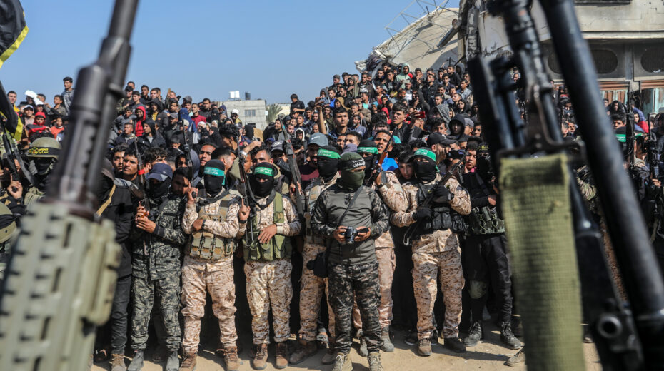 Freshly cleaned Hamas and Islamic Jihad terrorists at the release of hostages Arbel Yehud and Gadi Moses on January 30, 2025. Photo: Abed Rahim Khaatib/Flash90