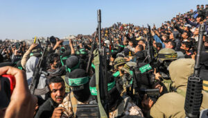 Hamas and Islamic Jihad gunmen in Khan Yunis, where released Israeli hostages were ushered through a mob of howling and hostile Gazans. Photo by Abed Rahim Khaatib/Flash90